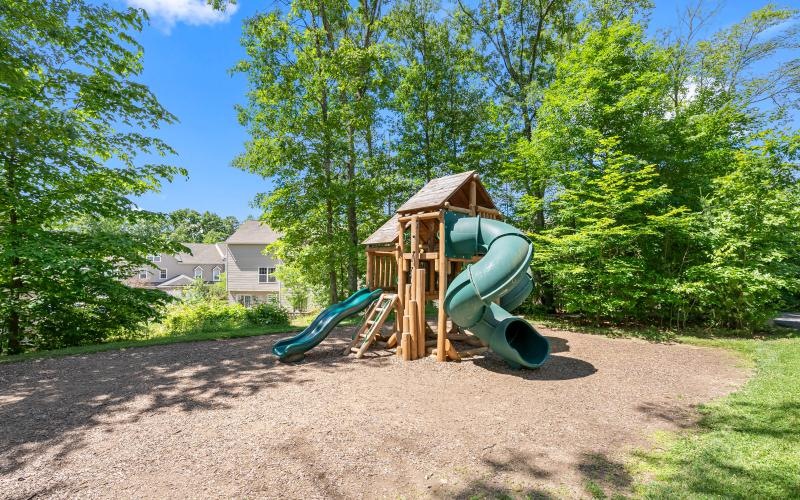 a play structure in a grassy area