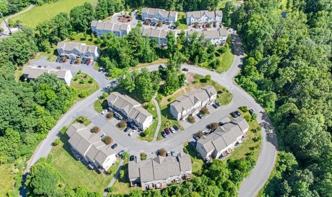 aerial view of large buildings