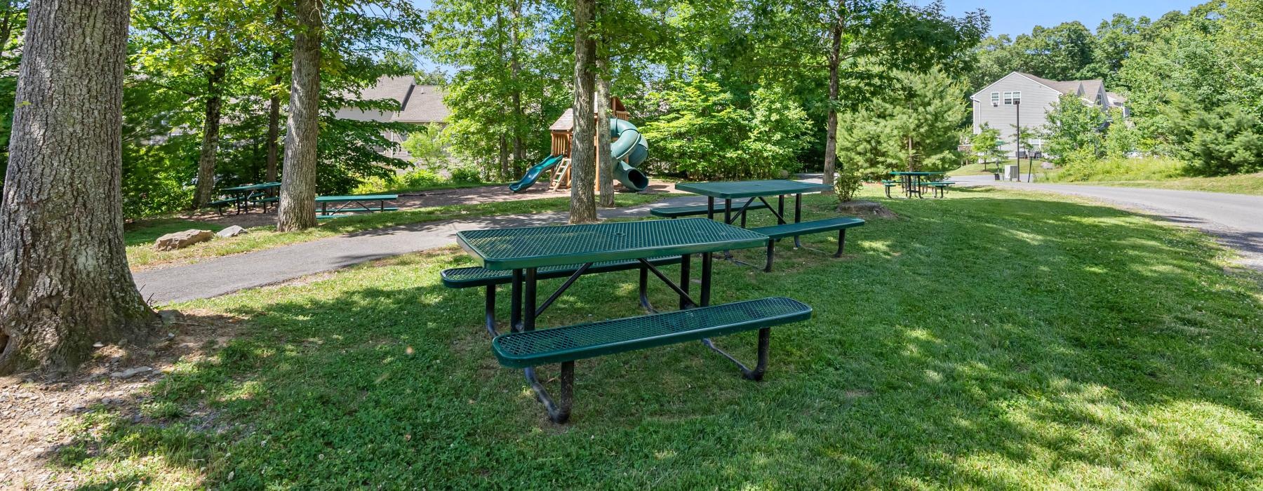a person sitting at a table in a park
